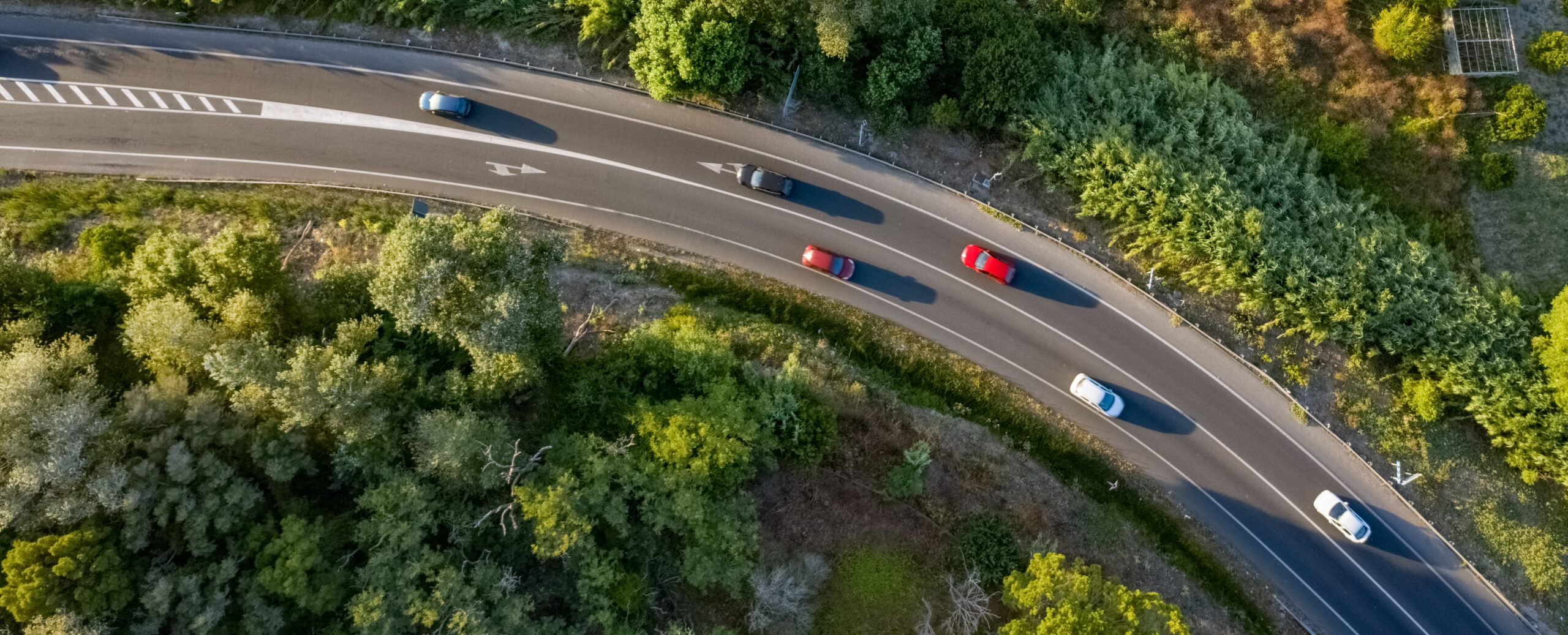 Cars driving down the road with greenery surrounding